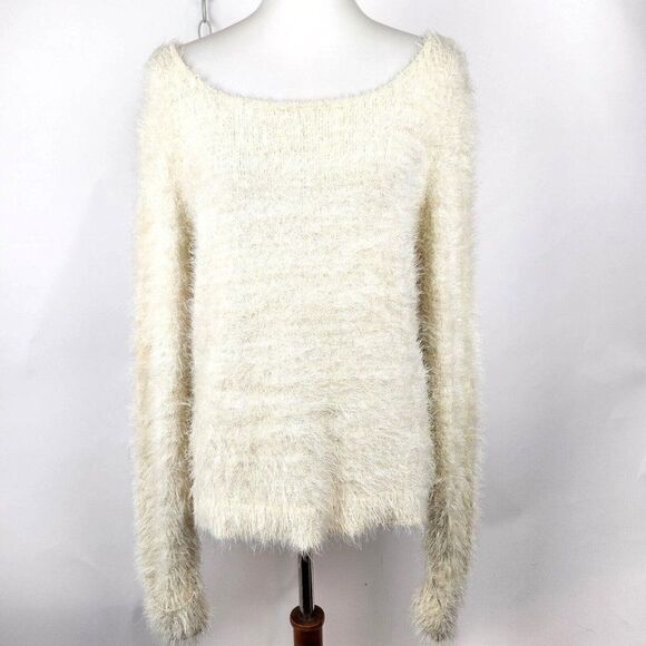 NEW Jennifer Lopez Ivory Fuzzy Eyelash Metallic Sweater Gold Elbow Pads L - Picture 1 of 9